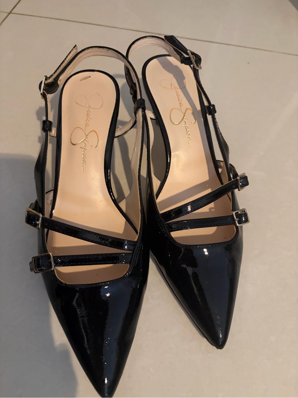 Jessica Simpson Black Patent Pointed-Toe Multi-Strap Slingbacks